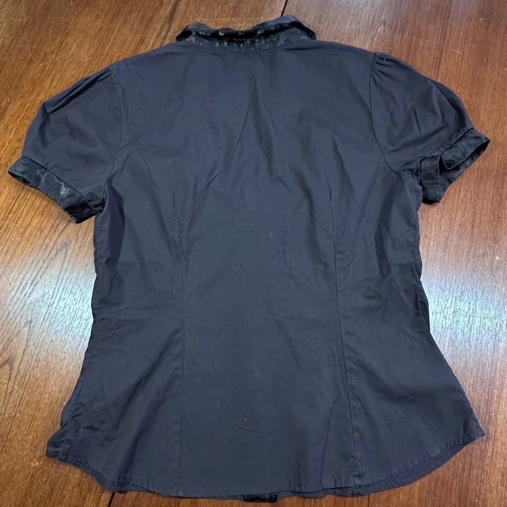 VTG Y2K Brown Fitted Babydoll Blouse‎ Satin Trim Puff Sleeve Coquette Top Sz L